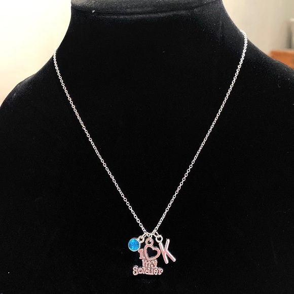 I Love My Soldier Necklace Silver Tone Personalized Initial Birthstone A… - Picture 3 of 5